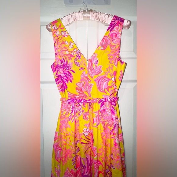 LILLY PULITZER Bri V Neck calla yellow floral coral Midi Dress. Size 2 NWT - Picture 4 of 15